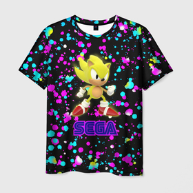 Мужская футболка 3D с принтом Sonic краски сега , 100% полиэфир | прямой крой, круглый вырез горловины, длина до линии бедер | 