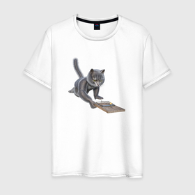 Мужская футболка хлопок с принтом Кот с мышеловкой в Екатеринбурге, 100% хлопок | прямой крой, круглый вырез горловины, длина до линии бедер, слегка спущенное плечо. | 