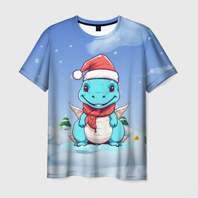 Мужская футболка 3D с принтом Новогодний дракон в новогодней шапке , 100% полиэфир | прямой крой, круглый вырез горловины, длина до линии бедер | 