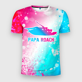 Мужская футболка 3D Slim с принтом Papa Roach neon gradient style , 100% полиэстер с улучшенными характеристиками | приталенный силуэт, круглая горловина, широкие плечи, сужается к линии бедра | 
