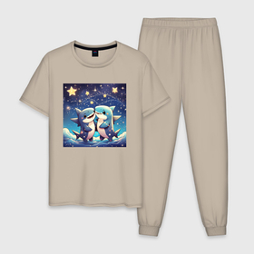 Мужская пижама хлопок с принтом Акулы под звездным небом , 100% хлопок | брюки и футболка прямого кроя, без карманов, на брюках мягкая резинка на поясе и по низу штанин
 | 