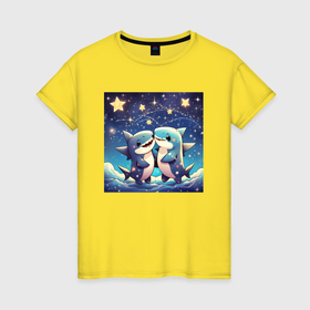 Женская футболка хлопок с принтом Акулы под звездным небом в Петрозаводске, 100% хлопок | прямой крой, круглый вырез горловины, длина до линии бедер, слегка спущенное плечо | 