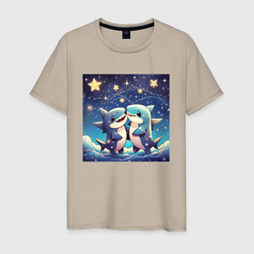 Мужская футболка хлопок с принтом Акулы под звездным небом в Курске, 100% хлопок | прямой крой, круглый вырез горловины, длина до линии бедер, слегка спущенное плечо. | 