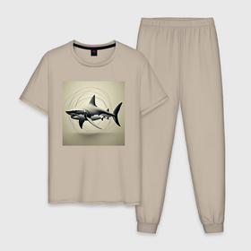 Мужская пижама хлопок с принтом Акула черно белая минимализм в Курске, 100% хлопок | брюки и футболка прямого кроя, без карманов, на брюках мягкая резинка на поясе и по низу штанин
 | 