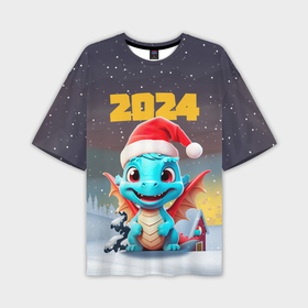 Мужская футболка oversize 3D с принтом Новогодний праздничный дракончик ,  |  | Тематика изображения на принте: 
