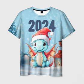 Мужская футболка 3D с принтом 2024  праздничный дракончик , 100% полиэфир | прямой крой, круглый вырез горловины, длина до линии бедер | Тематика изображения на принте: 