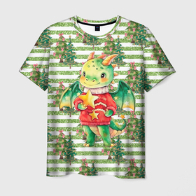Мужская футболка 3D с принтом Новогодний дракон с елками , 100% полиэфир | прямой крой, круглый вырез горловины, длина до линии бедер | 