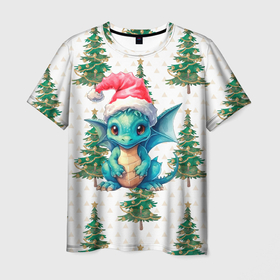 Мужская футболка 3D с принтом Новогодний дракон и елки , 100% полиэфир | прямой крой, круглый вырез горловины, длина до линии бедер | 