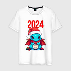 Мужская футболка хлопок с принтом Милый   дракончик   2024 в Санкт-Петербурге, 100% хлопок | прямой крой, круглый вырез горловины, длина до линии бедер, слегка спущенное плечо. | Тематика изображения на принте: 