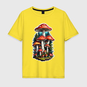Мужская футболка хлопок Oversize с принтом Мухоморы лесные грибы в Курске, 100% хлопок | свободный крой, круглый ворот, “спинка” длиннее передней части | Тематика изображения на принте: 