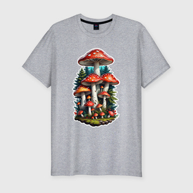 Мужская футболка хлопок Slim с принтом Мухоморы лесные грибы в Белгороде, 92% хлопок, 8% лайкра | приталенный силуэт, круглый вырез ворота, длина до линии бедра, короткий рукав | 