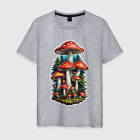 Мужская футболка хлопок с принтом Мухоморы лесные грибы в Екатеринбурге, 100% хлопок | прямой крой, круглый вырез горловины, длина до линии бедер, слегка спущенное плечо. | 