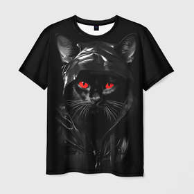 Мужская футболка 3D с принтом Черный кот с красными глазами в Кировске, 100% полиэфир | прямой крой, круглый вырез горловины, длина до линии бедер | 