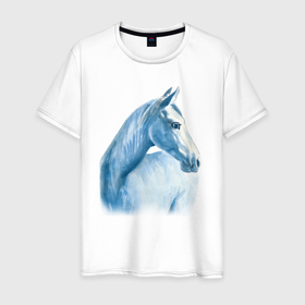 Мужская футболка хлопок с принтом Голубая лошадь , 100% хлопок | прямой крой, круглый вырез горловины, длина до линии бедер, слегка спущенное плечо. | 