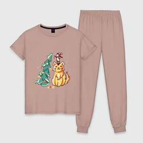 Женская пижама хлопок с принтом Волшебный новый год с котом в Курске, 100% хлопок | брюки и футболка прямого кроя, без карманов, на брюках мягкая резинка на поясе и по низу штанин | 