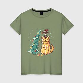 Женская футболка хлопок с принтом Волшебный новый год с котом в Кировске, 100% хлопок | прямой крой, круглый вырез горловины, длина до линии бедер, слегка спущенное плечо | 