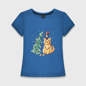 Женская футболка хлопок Slim с принтом Волшебный новый год с котом в Кировске,  |  | 