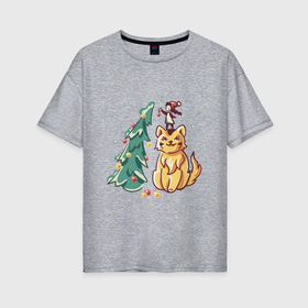 Женская футболка хлопок Oversize с принтом Волшебный новый год с котом в Новосибирске, 100% хлопок | свободный крой, круглый ворот, спущенный рукав, длина до линии бедер
 | 