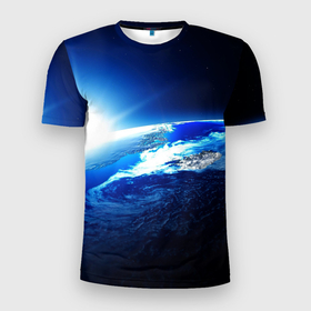 Мужская футболка 3D Slim с принтом Восход солнца в космосе в Санкт-Петербурге, 100% полиэстер с улучшенными характеристиками | приталенный силуэт, круглая горловина, широкие плечи, сужается к линии бедра | Тематика изображения на принте: 