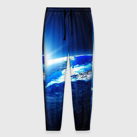 Мужские брюки 3D с принтом Восход солнца в космосе в Санкт-Петербурге, 100% полиэстер | манжеты по низу, эластичный пояс регулируется шнурком, по бокам два кармана без застежек, внутренняя часть кармана из мелкой сетки | 