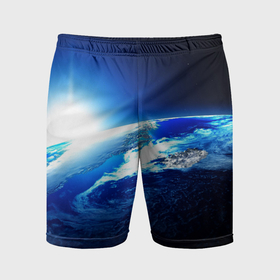 Мужские шорты спортивные с принтом Восход солнца в космосе в Санкт-Петербурге,  |  | Тематика изображения на принте: 