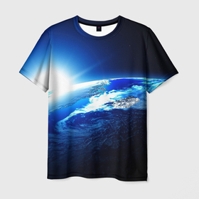 Мужская футболка 3D с принтом Восход солнца в космосе в Санкт-Петербурге, 100% полиэфир | прямой крой, круглый вырез горловины, длина до линии бедер | 