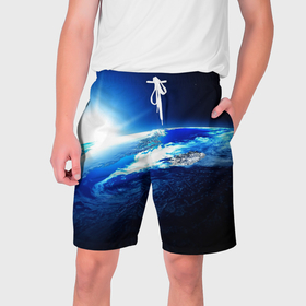 Мужские шорты 3D с принтом Восход солнца в космосе в Кировске,  полиэстер 100% | прямой крой, два кармана без застежек по бокам. Мягкая трикотажная резинка на поясе, внутри которой широкие завязки. Длина чуть выше колен | 