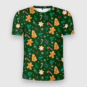 Мужская футболка 3D Slim с принтом New year pattern with green background в Екатеринбурге, 100% полиэстер с улучшенными характеристиками | приталенный силуэт, круглая горловина, широкие плечи, сужается к линии бедра | 