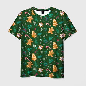 Мужская футболка 3D с принтом New year pattern with green background в Петрозаводске, 100% полиэфир | прямой крой, круглый вырез горловины, длина до линии бедер | 