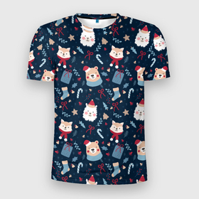 Мужская футболка 3D Slim с принтом New years pattern with animals в Екатеринбурге, 100% полиэстер с улучшенными характеристиками | приталенный силуэт, круглая горловина, широкие плечи, сужается к линии бедра | 