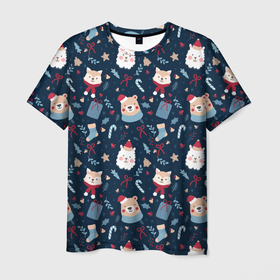 Мужская футболка 3D с принтом New years pattern with animals в Санкт-Петербурге, 100% полиэфир | прямой крой, круглый вырез горловины, длина до линии бедер | 