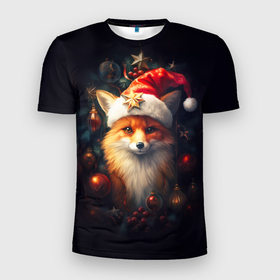 Мужская футболка 3D Slim с принтом New year s fox в Белгороде, 100% полиэстер с улучшенными характеристиками | приталенный силуэт, круглая горловина, широкие плечи, сужается к линии бедра | 