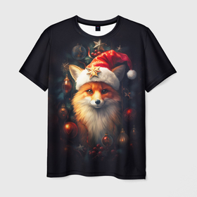 Мужская футболка 3D с принтом New year s fox в Белгороде, 100% полиэфир | прямой крой, круглый вырез горловины, длина до линии бедер | 