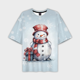 Мужская футболка oversize 3D с принтом New Years cute snowman в Кировске,  |  | Тематика изображения на принте: 