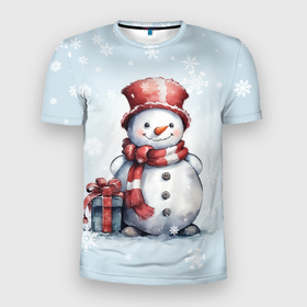 Мужская футболка 3D Slim с принтом New Years cute snowman в Белгороде, 100% полиэстер с улучшенными характеристиками | приталенный силуэт, круглая горловина, широкие плечи, сужается к линии бедра | 