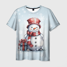 Мужская футболка 3D с принтом New Years cute snowman в Белгороде, 100% полиэфир | прямой крой, круглый вырез горловины, длина до линии бедер | 