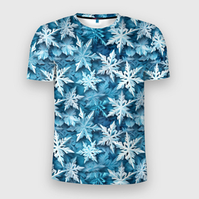 Мужская футболка 3D Slim с принтом New Years pattern with snowflakes в Екатеринбурге, 100% полиэстер с улучшенными характеристиками | приталенный силуэт, круглая горловина, широкие плечи, сужается к линии бедра | 