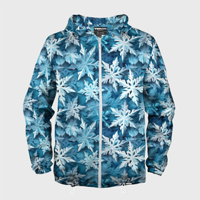 Мужская ветровка 3D с принтом New Years pattern with snowflakes в Тюмени, 100% полиэстер | подол и капюшон оформлены резинкой с фиксаторами, два кармана без застежек по бокам, один потайной карман на груди | 