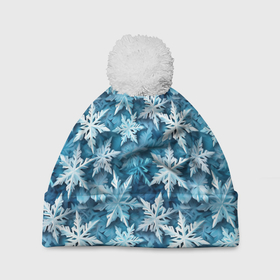 Шапка 3D c помпоном с принтом New Years pattern with snowflakes в Санкт-Петербурге, 100% полиэстер | универсальный размер, печать по всей поверхности изделия | 