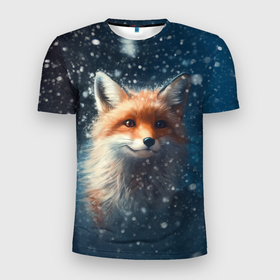 Мужская футболка 3D Slim с принтом Fox in the snow в Санкт-Петербурге, 100% полиэстер с улучшенными характеристиками | приталенный силуэт, круглая горловина, широкие плечи, сужается к линии бедра | Тематика изображения на принте: 