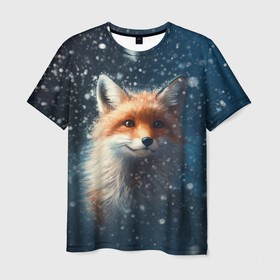Мужская футболка 3D с принтом Fox in the snow , 100% полиэфир | прямой крой, круглый вырез горловины, длина до линии бедер | Тематика изображения на принте: 