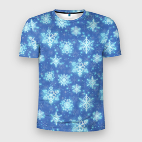Мужская футболка 3D Slim с принтом Pattern with bright snowflakes в Екатеринбурге, 100% полиэстер с улучшенными характеристиками | приталенный силуэт, круглая горловина, широкие плечи, сужается к линии бедра | 