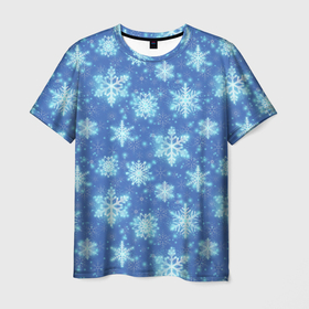 Мужская футболка 3D с принтом Pattern with bright snowflakes в Кировске, 100% полиэфир | прямой крой, круглый вырез горловины, длина до линии бедер | Тематика изображения на принте: 