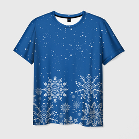 Мужская футболка 3D с принтом Текстура снежинок на синем фоне в Белгороде, 100% полиэфир | прямой крой, круглый вырез горловины, длина до линии бедер | 