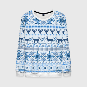 Мужской свитшот 3D с принтом Blue sweater with reindeer в Курске, 100% полиэстер с мягким внутренним слоем | круглый вырез горловины, мягкая резинка на манжетах и поясе, свободная посадка по фигуре | 
