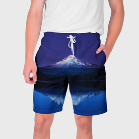 Мужские шорты 3D с принтом Горный вулкан Фудзияма ,  полиэстер 100% | прямой крой, два кармана без застежек по бокам. Мягкая трикотажная резинка на поясе, внутри которой широкие завязки. Длина чуть выше колен | 