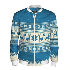 Мужской бомбер 3D с принтом Sweater with deer on a blue background , 100% полиэстер | застегивается на молнию, по бокам два кармана без застежек, по низу бомбера и на воротнике - эластичная резинка | 