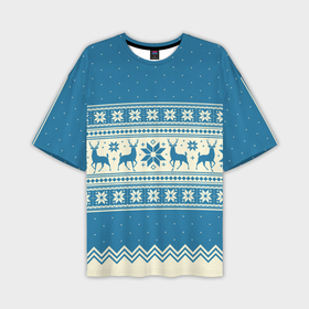 Мужская футболка oversize 3D с принтом Sweater with deer on a blue background в Санкт-Петербурге,  |  | 