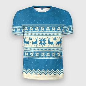 Мужская футболка 3D Slim с принтом Sweater with deer on a blue background в Санкт-Петербурге, 100% полиэстер с улучшенными характеристиками | приталенный силуэт, круглая горловина, широкие плечи, сужается к линии бедра | 