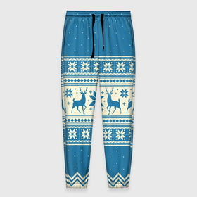 Мужские брюки 3D с принтом Sweater with deer on a blue background , 100% полиэстер | манжеты по низу, эластичный пояс регулируется шнурком, по бокам два кармана без застежек, внутренняя часть кармана из мелкой сетки | 